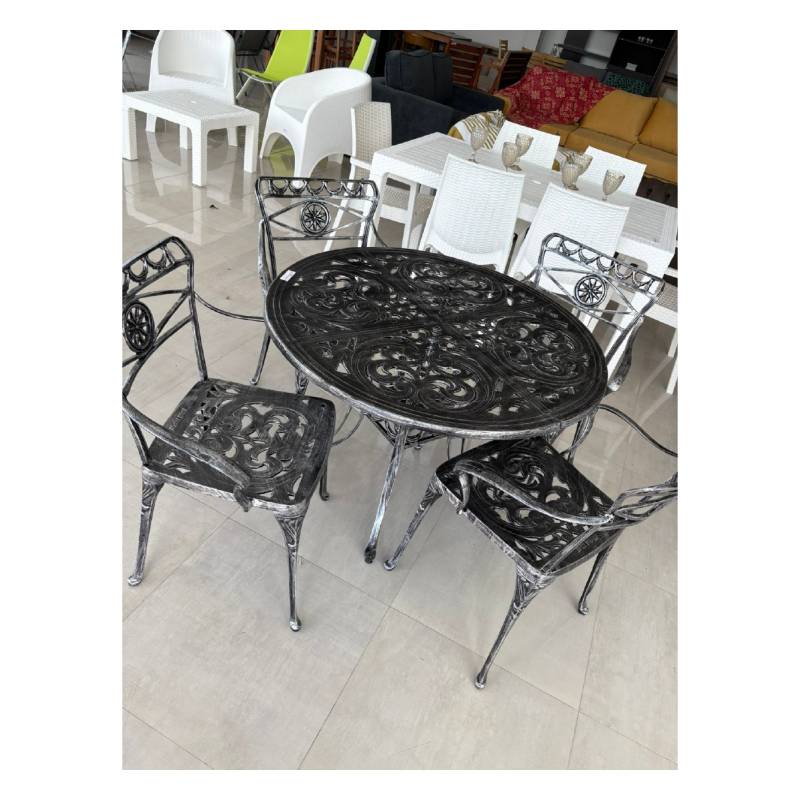 Metal Juego Jardin Genova Mesa 1.00 Redonda + 4 Sillas Peltre Fundicion De Aluminio