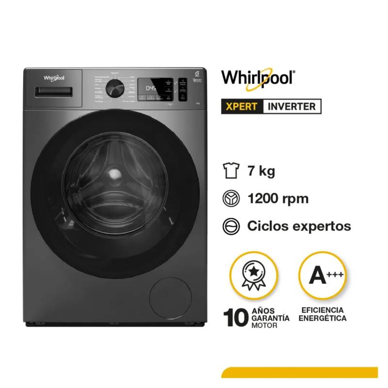 Whirlpool Lavarropas Frontal 7 Kg 1200Rpm Wnq70As Inverter Silver